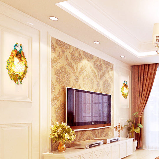 Country Style Peacock Wall Sconce With Crystal Shade For Bedroom - Yellow Resin 1-Light Lamp