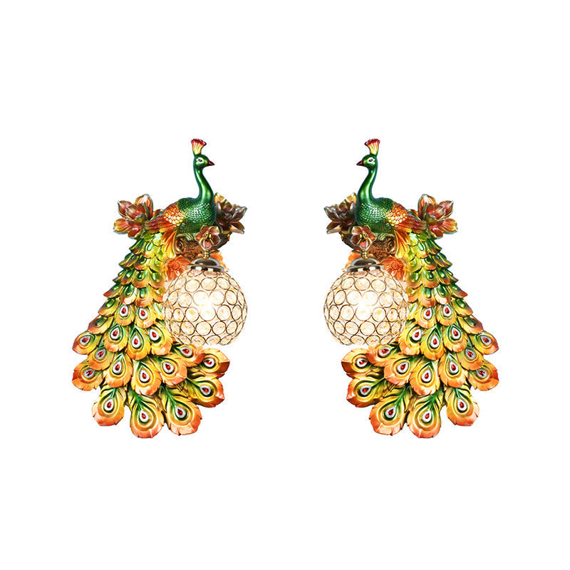 Blue/White Peacock Wall Mounted Light - 1 Loft Style Resin Lamp With Dome Crystal Shade