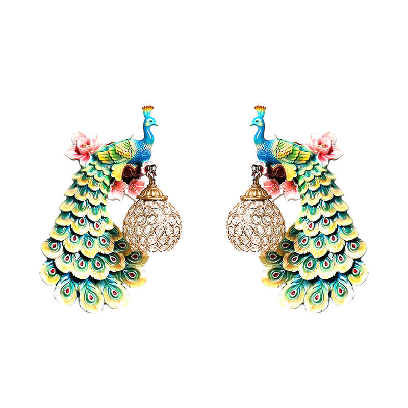 Blue/White Peacock Wall Mounted Light - 1 Loft Style Resin Lamp With Dome Crystal Shade