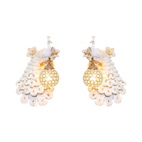 Blue/White Peacock Wall Mounted Light - 1 Loft Style Resin Lamp With Dome Crystal Shade