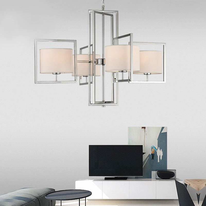 Modern Chrome 4-Light Living Room Chandelier Pendant Lamp With Barrel Fabric Shade