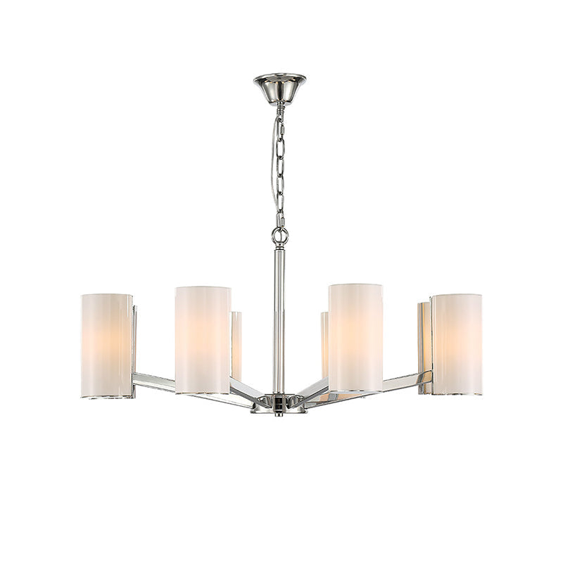 Contemporary White Glass Cylindrical Chandelier - 8-Light Silver Ceiling Pendant Lamp With