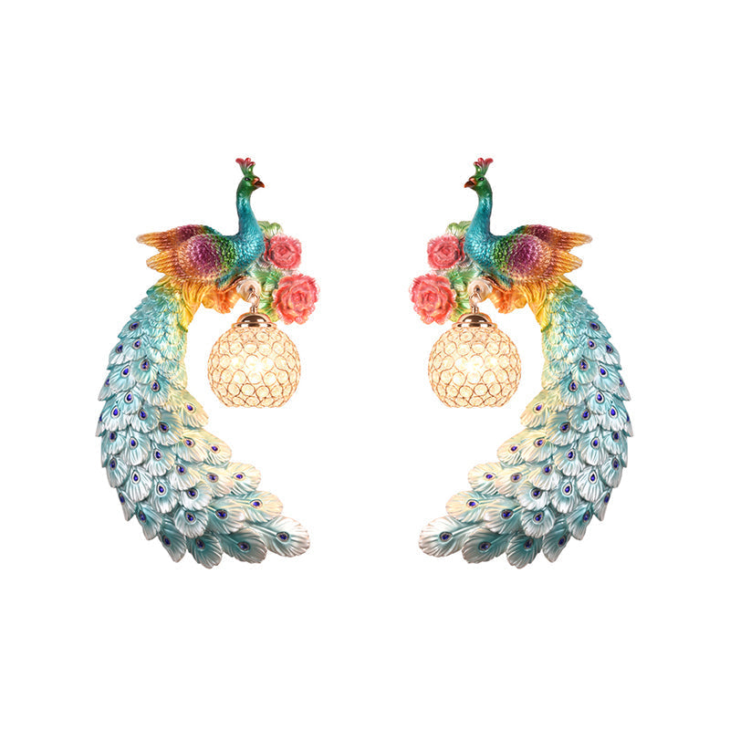 Blue/Green Peacock Wall Light Fixture - 1/2-Pack Retro Style Resin Lamp With Crystal Global Shade