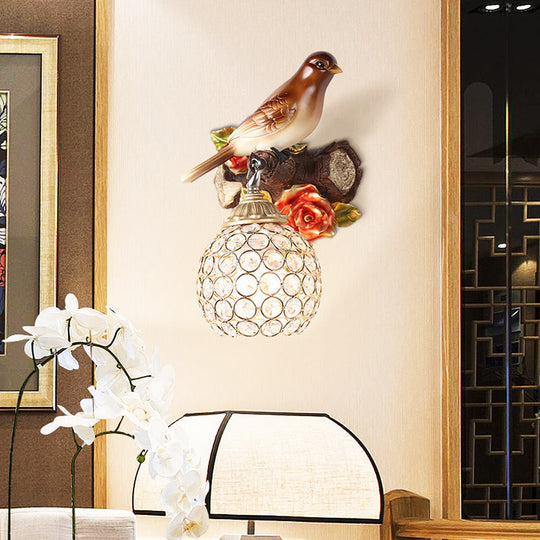 Lodge Style Resin Bird Wall Sconce Light With Crystal Global Shade