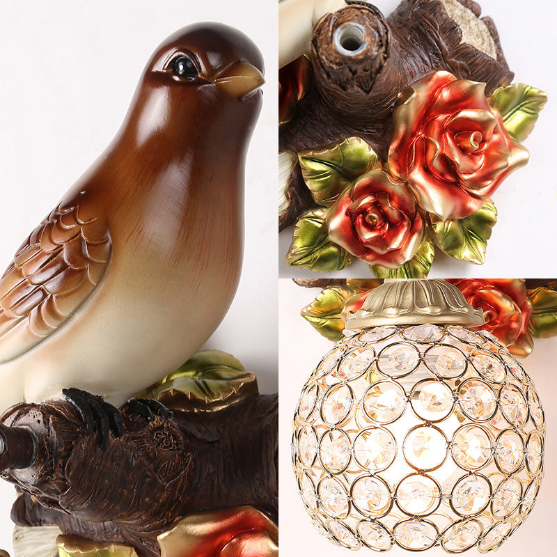 Lodge Style Resin Bird Wall Sconce Light With Crystal Global Shade