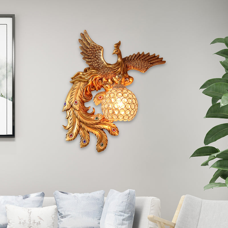 Phoenix Sconce Lighting Resin Wall Lamp With Crystal Dome Shade - Lodge Style Gold Finish