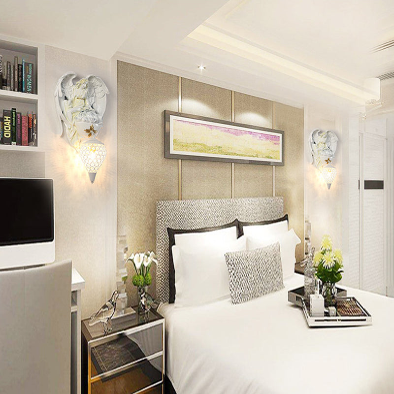 Modern White Resin Bedroom Angel Wall Light With Crystal Shade