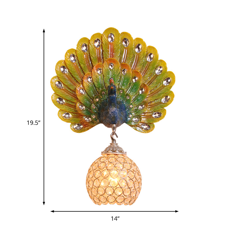 Retro Stylish Wall Sconce With Clear Crystal And Peacock Backplate In Silver/White