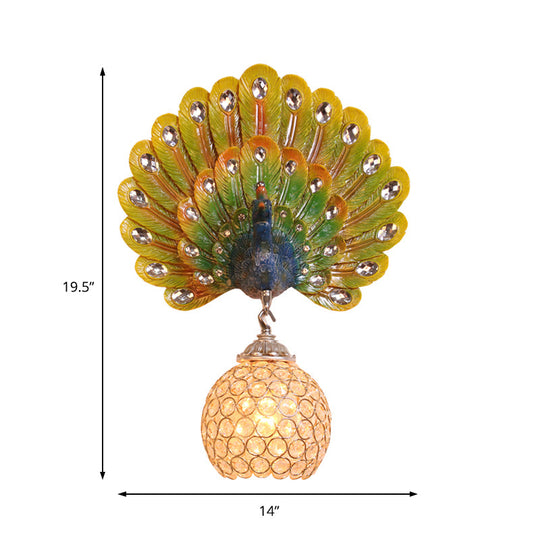 Retro Stylish Wall Sconce With Clear Crystal And Peacock Backplate In Silver/White