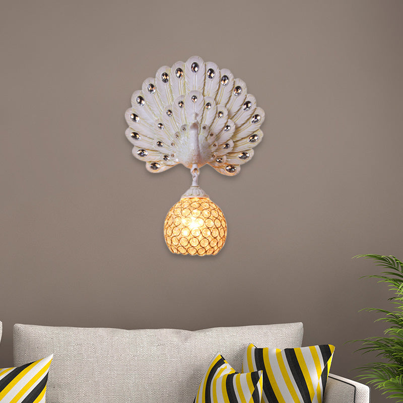 Retro Stylish Wall Sconce With Clear Crystal And Peacock Backplate In Silver/White White
