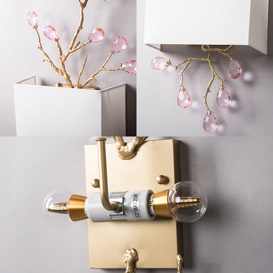 Modern White Fabric Square Wall Mount Lamp With Pink Crystal Accent - 2 Lights Sconce