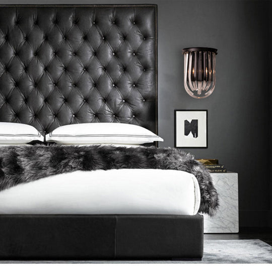 Modern Black Glass And Metal Wall Light Semi Oval Mount For Bedroom