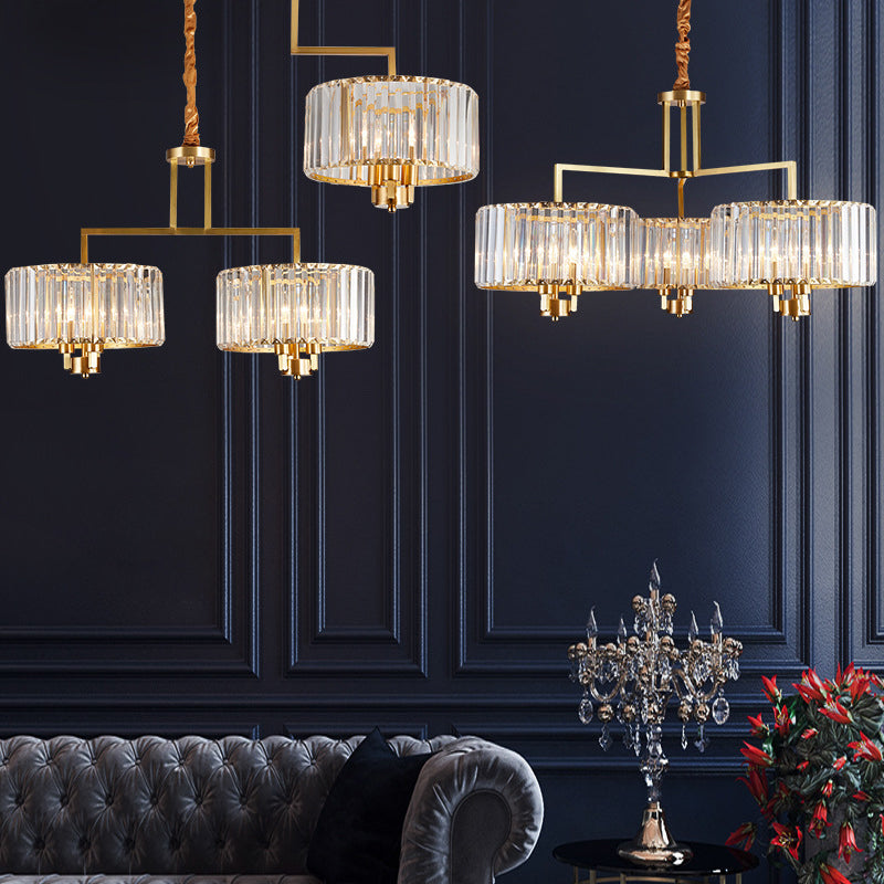Contemporary Gold Drum Chandelier With Clear Crystal - 3/6/9 Head Suspension Light For Living Room