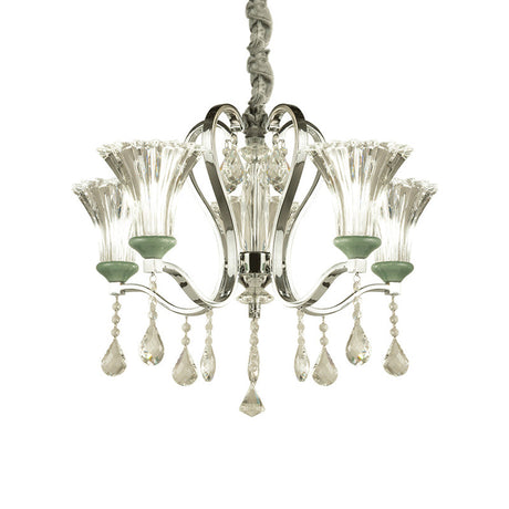 Modern Glass And Crystal Chandelier With 5 Green Bell Shades