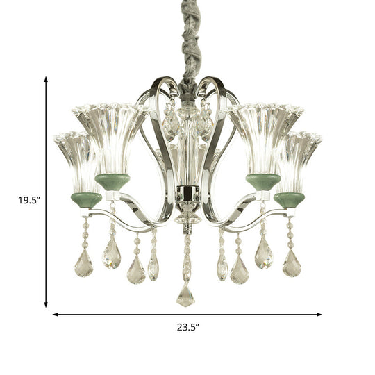 5 Bulb Modern Chandelier With Green Glass And Crystal Pendant Lighting
