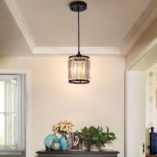 Cylinder Pendant Lamp - Modern Black Hanging Ceiling Light With Crystal Accent
