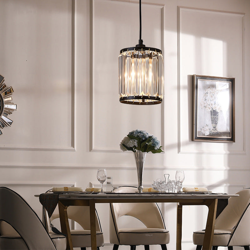 Modern Black Cylinder Pendant Lamp With K9 Crystal For Dining Room
