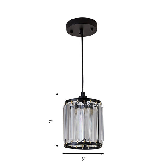 Cylinder Pendant Lamp - Modern Black Hanging Ceiling Light With Crystal Accent