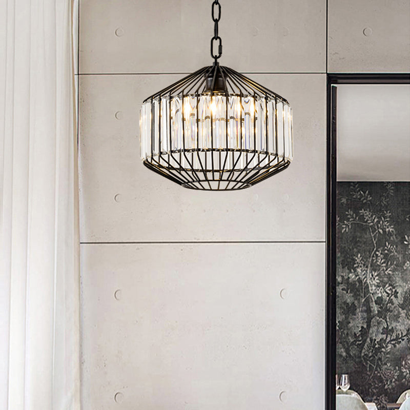 Wire Geometric Suspension Light With Crystal Block Accent - Modern Black Ceiling Pendant