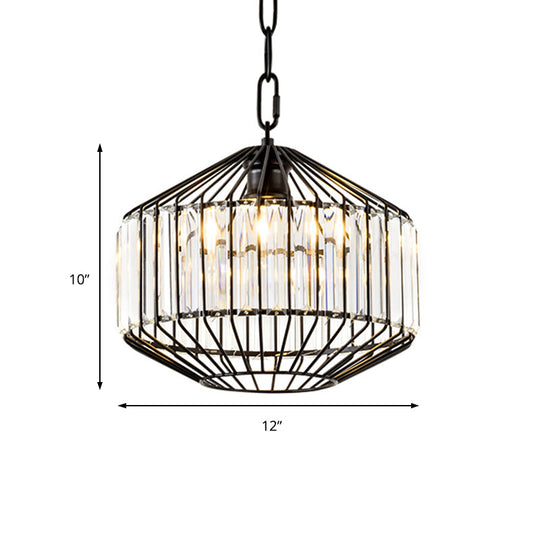 Wire Geometric Suspension Light With Crystal Block Accent - Modern Black Ceiling Pendant