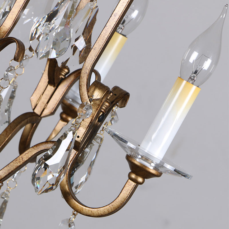French Country Candle Chandelier With Crystal Drops - 4-Light Brass Pendant Fixture For Hallway