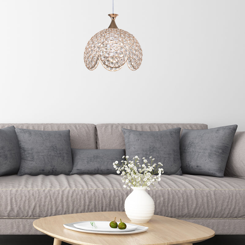 Contemporary Clear Crystal Pendant Light With Gold Ruffled Edge - 1 Dome Suspension Lamp (8/10/12 W)