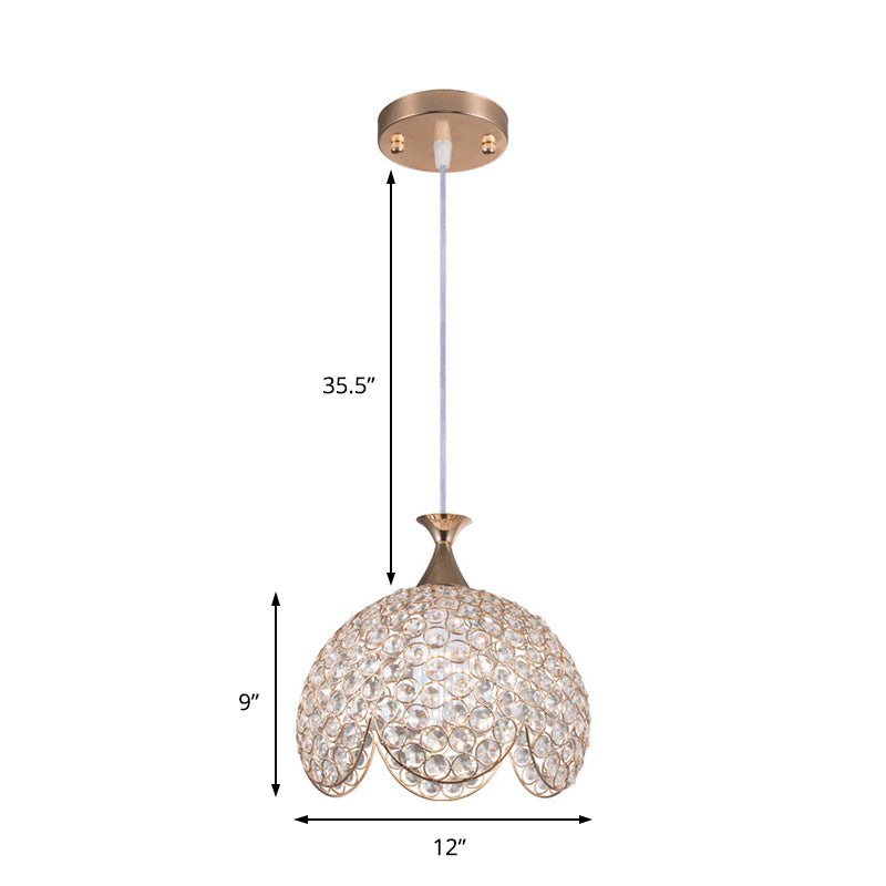 Contemporary Gold Ruffled Edge Crystal Pendant Lamp - 1 Light Dome Suspension Clear Various Sizes