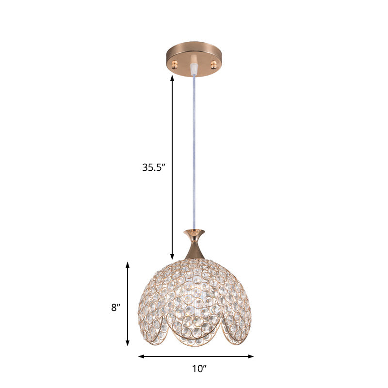 Contemporary Gold Ruffled Edge Crystal Pendant Lamp - 1 Light Dome Suspension Clear Various Sizes