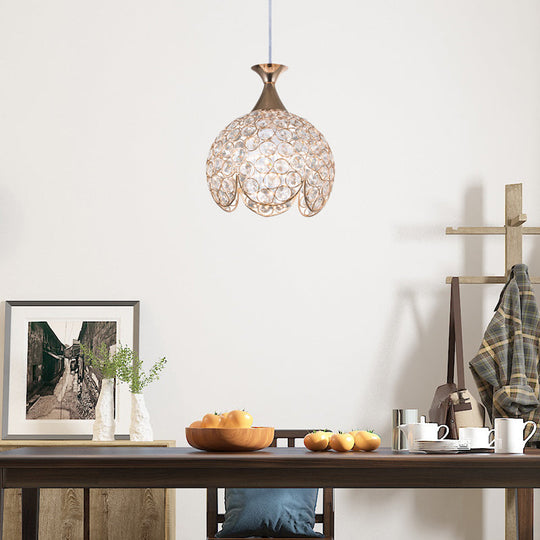 Contemporary Clear Crystal Pendant Light With Gold Ruffled Edge - 1 Dome Suspension Lamp (8/10/12 W)