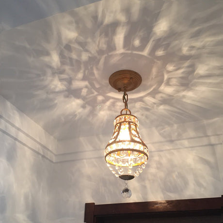 Vintage Style Teardrop Pendant Lamp With Clear Crystal Suspension - 1 Light Brass Finish For