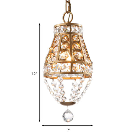 Vintage Style Teardrop Pendant Lamp With Clear Crystal Suspension - 1 Light Brass Finish For