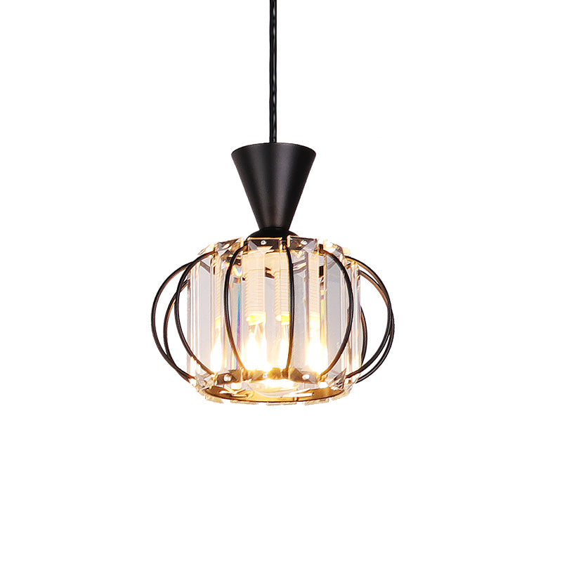 Crystal Prism Pendant Light With Modern Lantern Shade In Black/Gold For Bedroom
