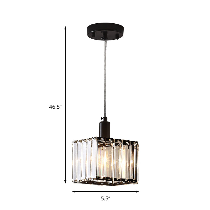 Contemporary Cubic Dining Room Pendant Lamp - 1 Light Black Ceiling With Clear Crystal Block