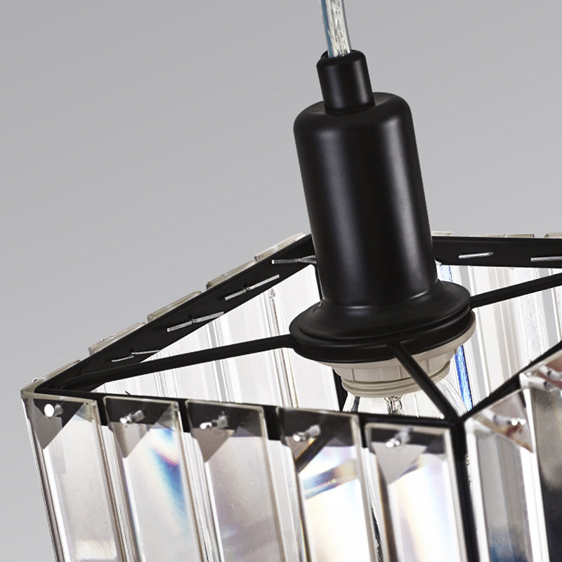 Contemporary Cubic Dining Room Pendant Lamp - 1 Light Black Ceiling With Clear Crystal Block