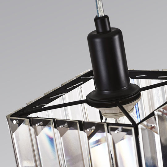 Contemporary Cubic Dining Room Pendant Lamp - 1 Light Black Ceiling With Clear Crystal Block
