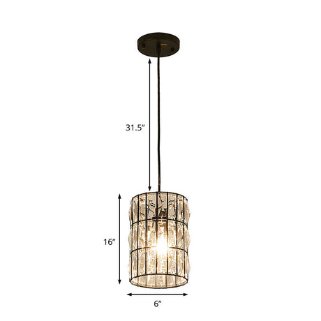 Clear Crystal 1-Light Modern Black Pendant Lamp - Stylish Cylindrical Suspended Light For Living