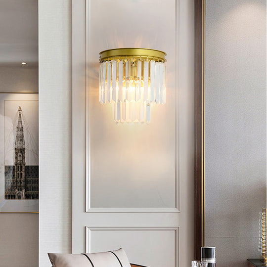 Modernist Style Gold Wall Lamp With Clear Faceted Crystal And 2 Bulbs - Elegant Light Fixture