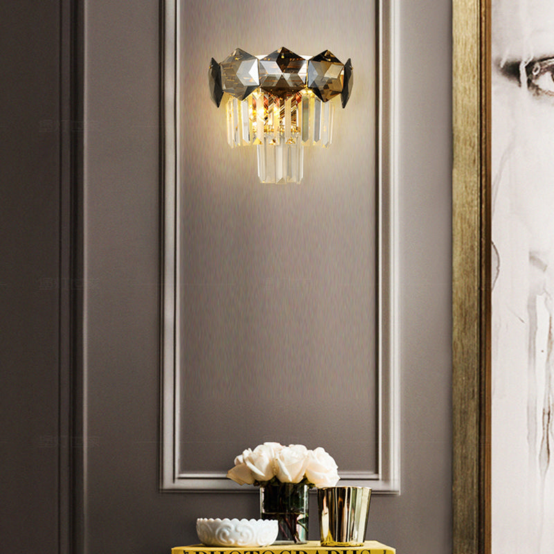 Smoke Gray Vintage Faceted Wall Sconce With Modernist Design - 2 Bulbs Light Fixture For Restaurants