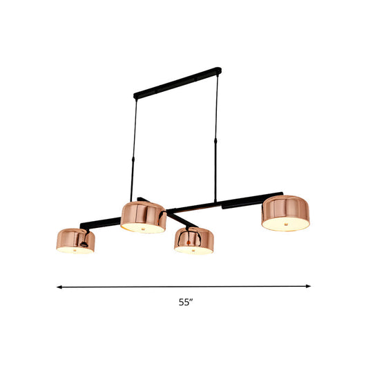 Linear Modernist Island Pendant Light With 4 Drum Shades In Black/Rose Gold