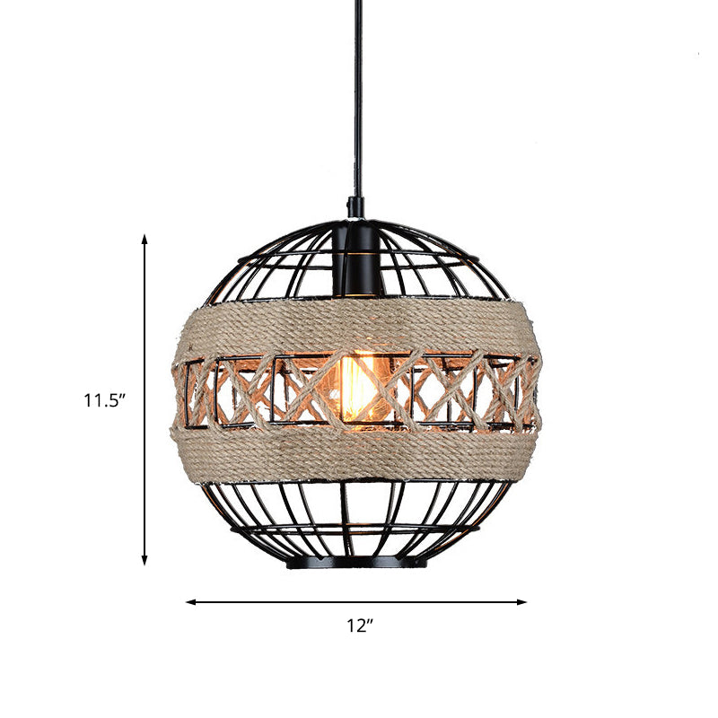 Sleek Sphere Pendant Light With Metal Frame And Rope Detail - Rustic 1-Light Black