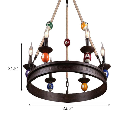 Industrial Ring Chandelier With Rustic Rope And Billiard Ball Deco - 6 Bulbs Metallic Pendant Light
