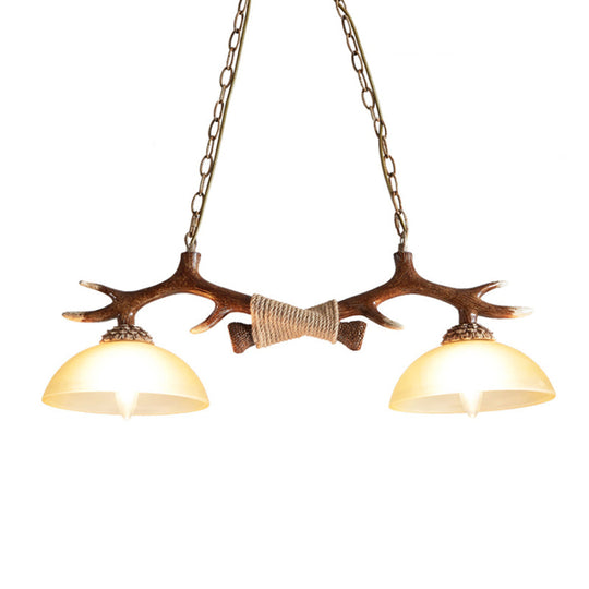 Rustic Glass Hanging Lamp With Wood And Rope Accents - Bowl Shade Pendant (Amber 2 Bulbs)