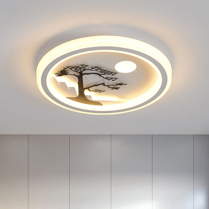 Modern Acrylic Led Ceiling Fixture: Square/Round Flush Mount With White Finish And Bird/Tree Pattern