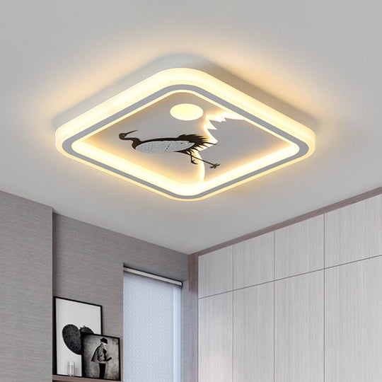 Modern Acrylic Led Ceiling Fixture: Square/Round Flush Mount With White Finish And Bird/Tree Pattern