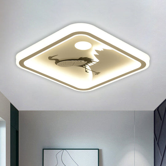 Modern Acrylic Led Ceiling Fixture: Square/Round Flush Mount With White Finish And Bird/Tree Pattern
