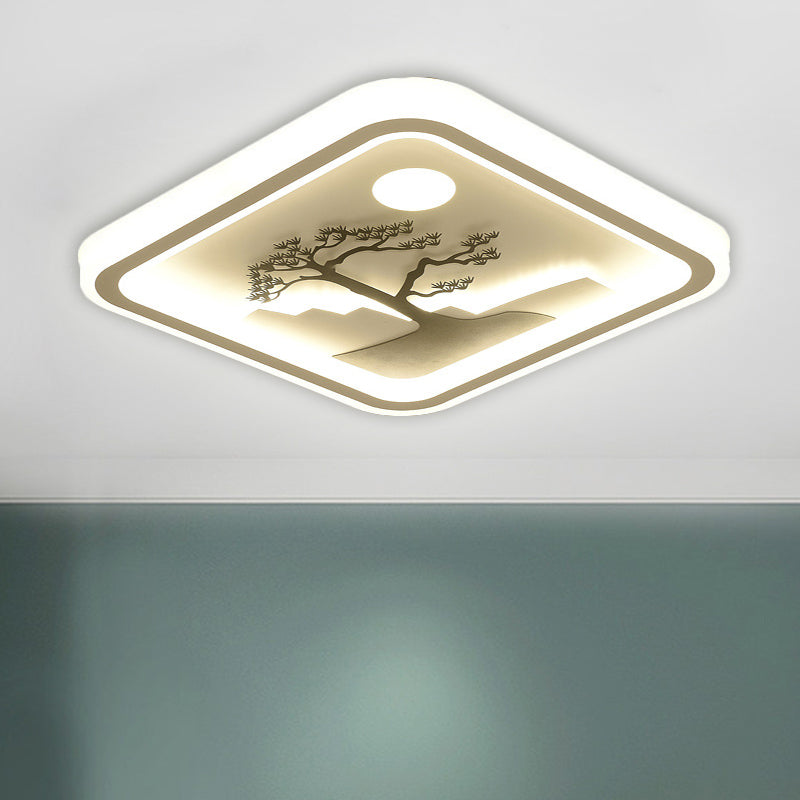 Modern Acrylic Led Ceiling Fixture: Square/Round Flush Mount With White Finish And Bird/Tree Pattern