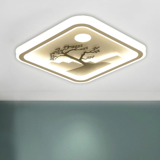Modern Acrylic Led Ceiling Fixture: Square/Round Flush Mount With White Finish And Bird/Tree Pattern