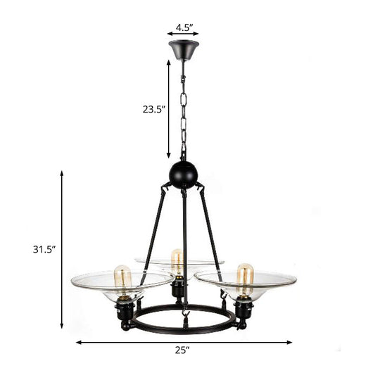 Antique Black Chandelier - 3-Light Clear Glass Cone Pendant Lamp For Living Room