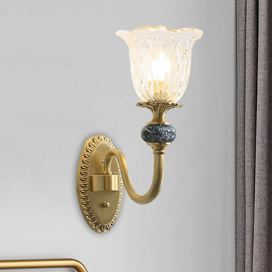 Classic Brass Floral Wall Sconce With Clear Ribbed Glass And Swooping Arm - 1/2-Head Mount Lamp 1 /