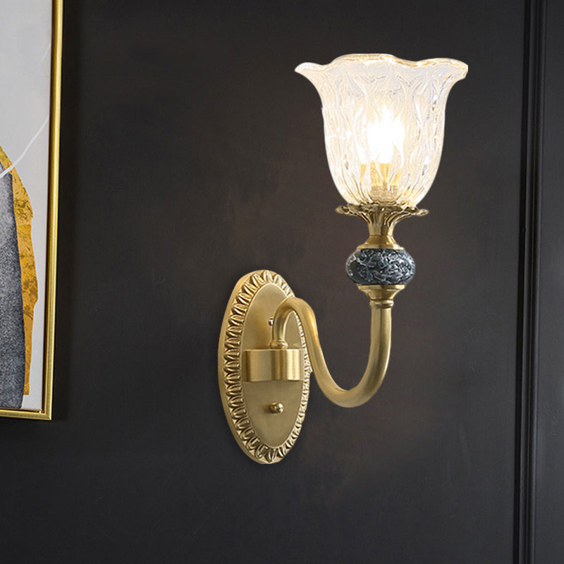 Classic Brass Floral Wall Sconce With Clear Ribbed Glass And Swooping Arm - 1/2-Head Mount Lamp